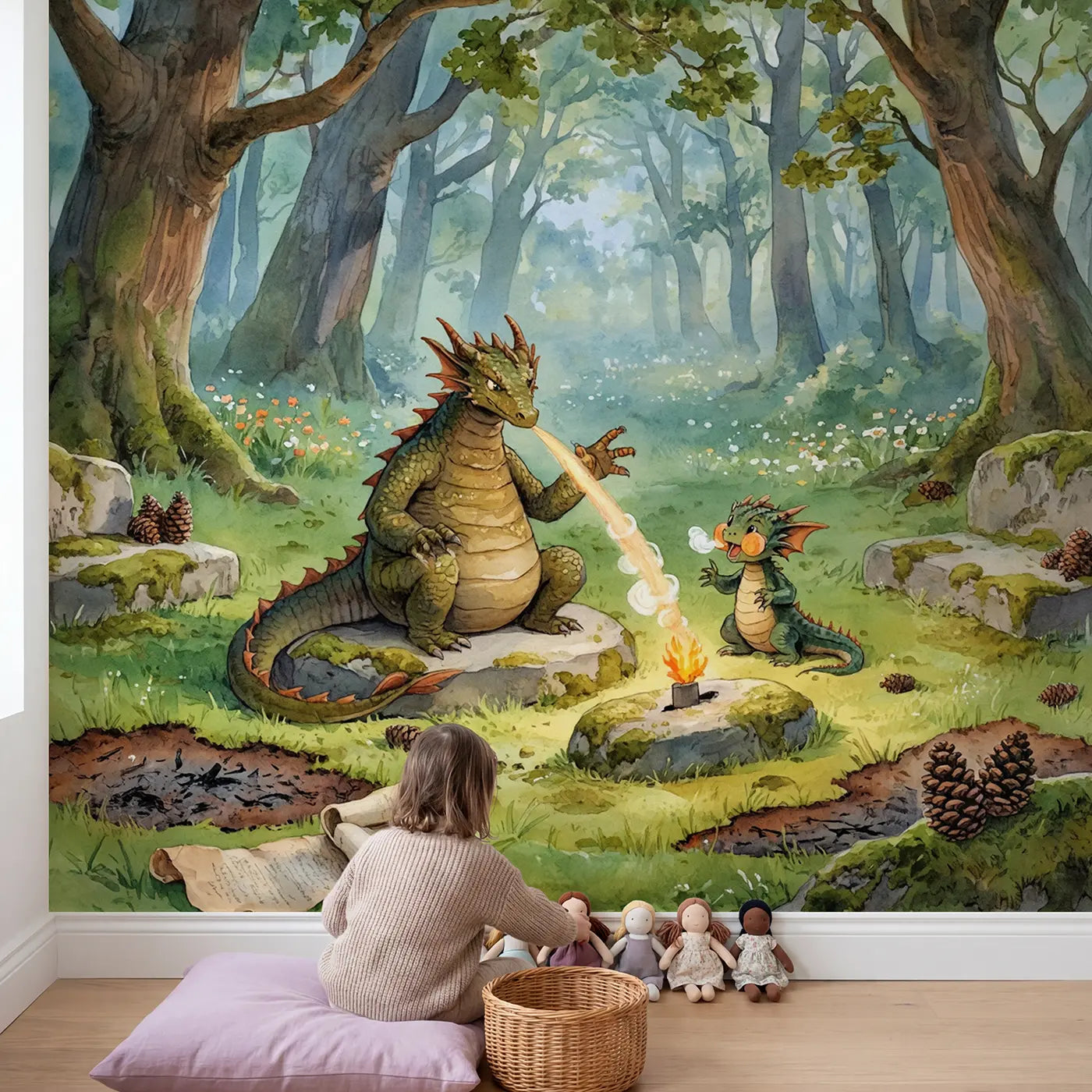 Child in nursery with Dragon Fire Manners Lesson Wallpaper Mural by Whimsy Tots