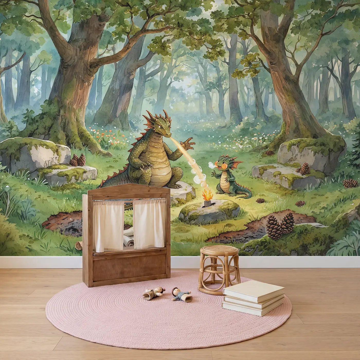 Dragon Fire Manners Lesson Wallpaper Mural in playroom setting by Whimsy Tots