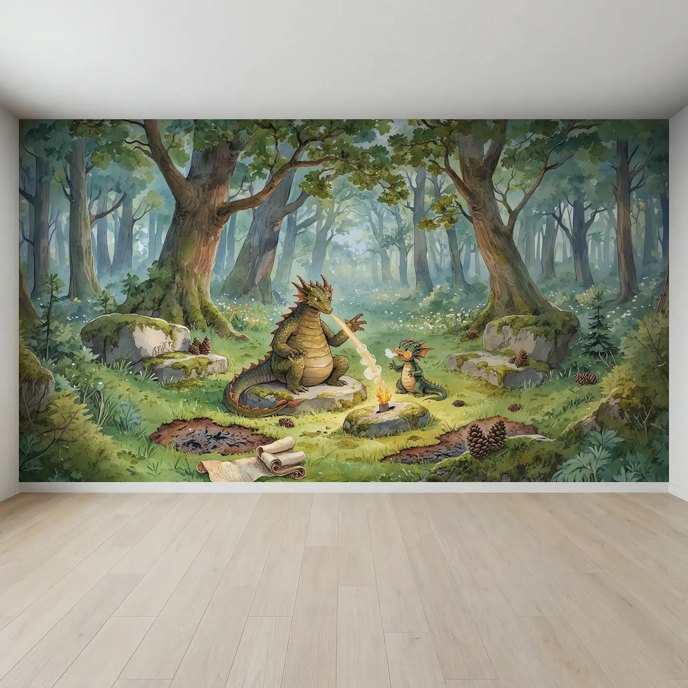 Full view of Dragon Fire Manners Lesson Wallpaper Mural by Whimsy Tots