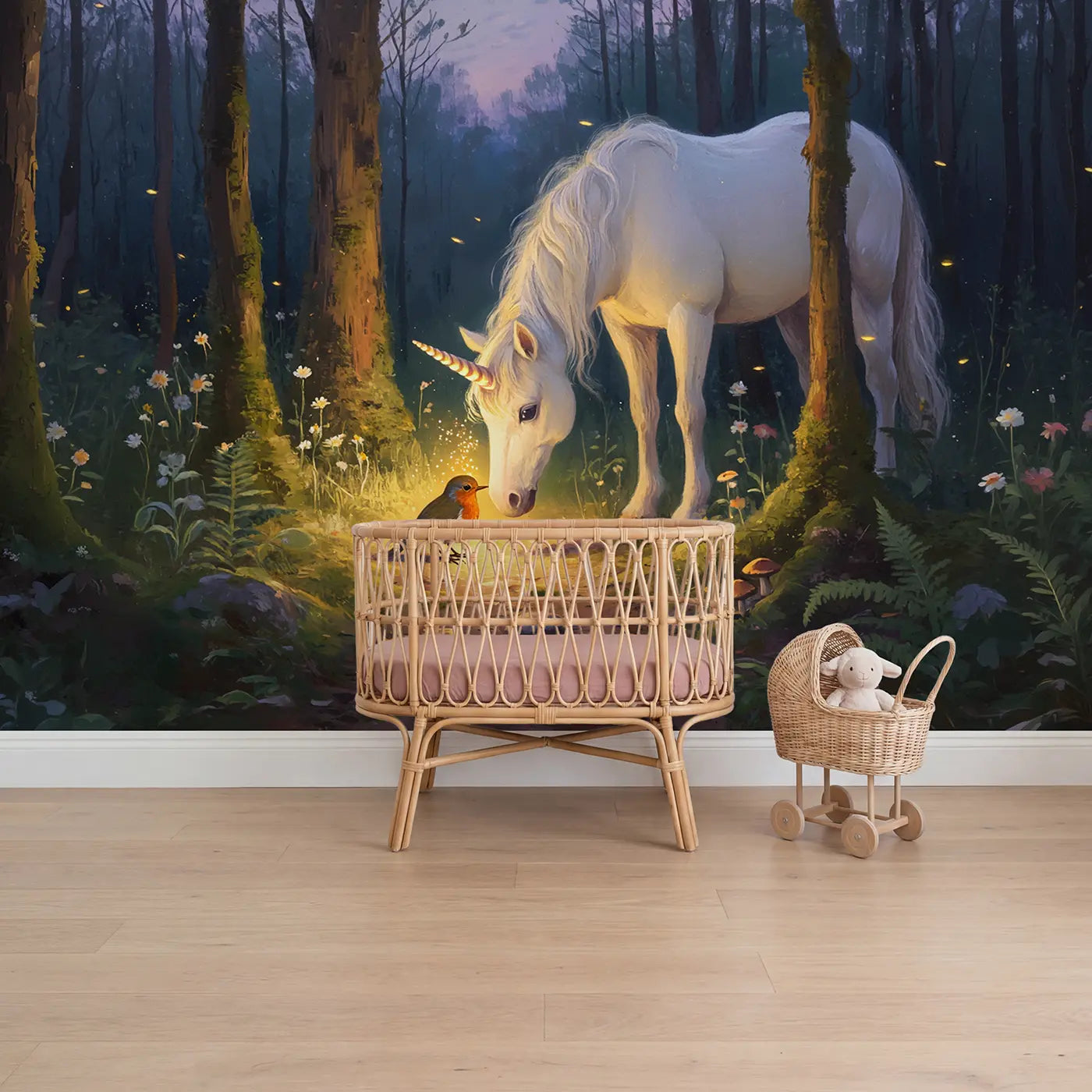 Painted landscape healing unicorn forest clearing wallpaper mural for girls nursery by Whimsy Tots