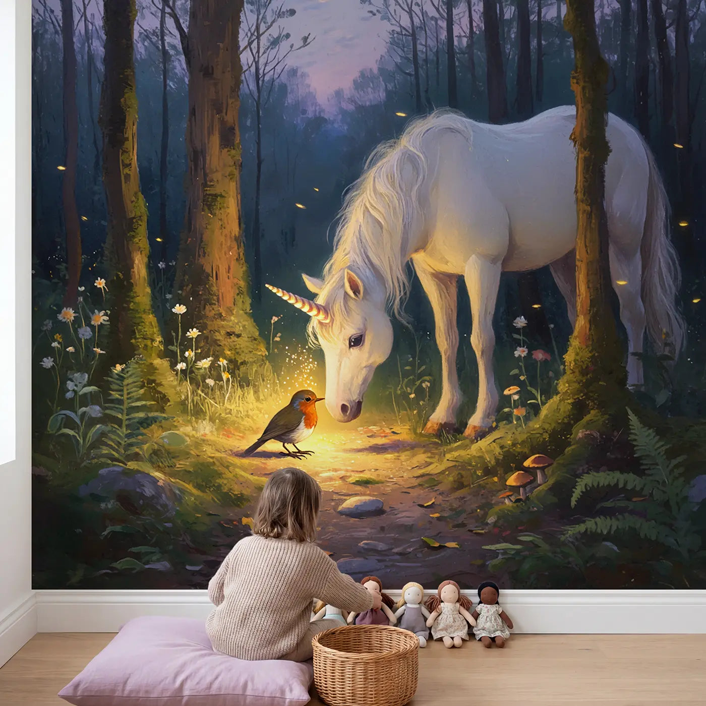 Child in nursery with Healing Unicorn Forest Wallpaper Mural by Whimsy Tots