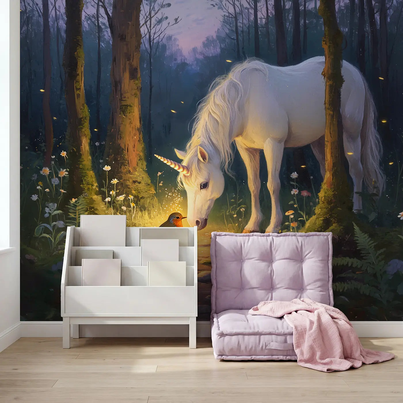 Healing Unicorn Forest Wallpaper Mural in playroom setting by Whimsy Tots