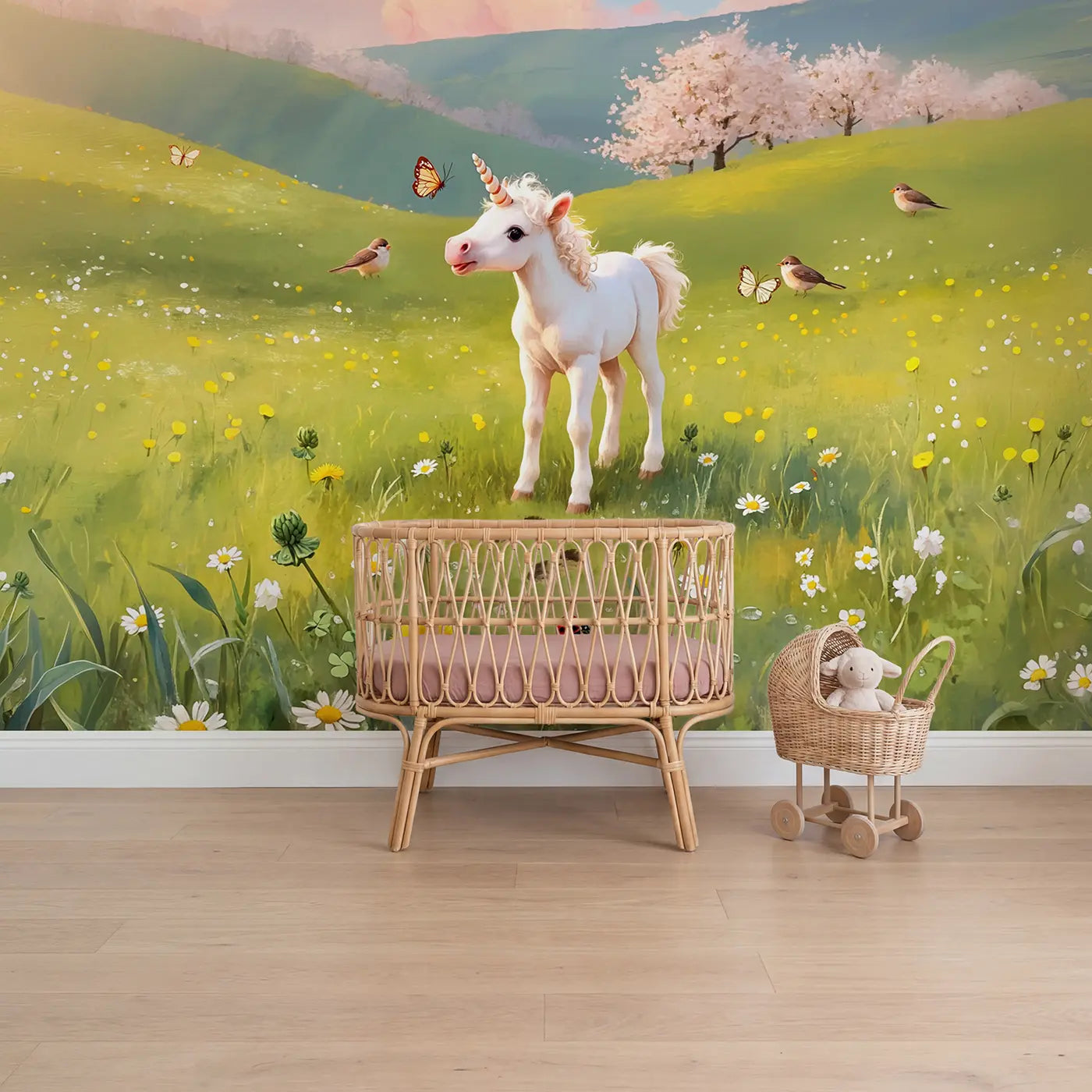 Soft pastel baby unicorn in spring meadow wallpaper mural for nursery by Whimsy Tots