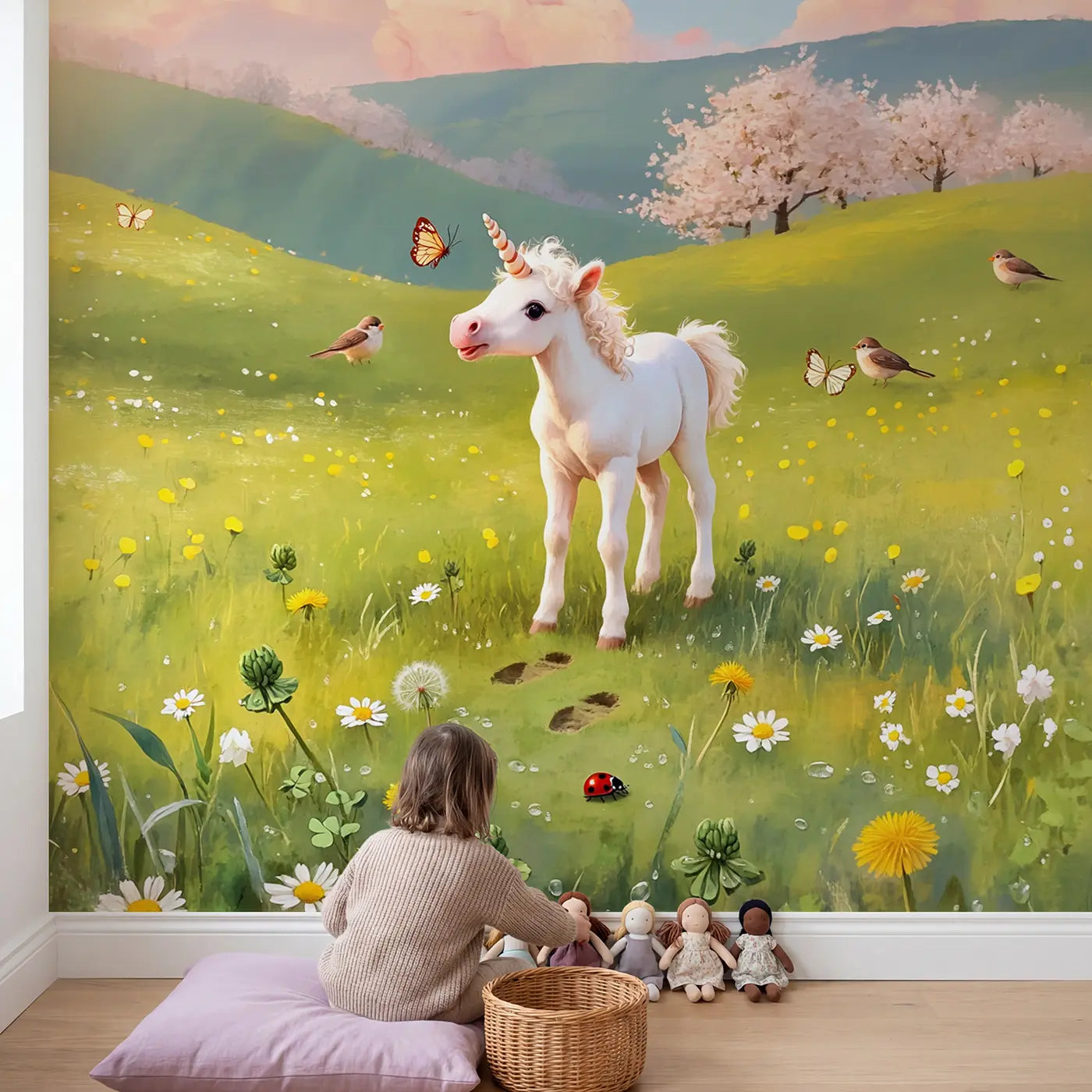 Child in nursery with Baby Unicorn Spring Meadow Wallpaper Mural by Whimsy Tots