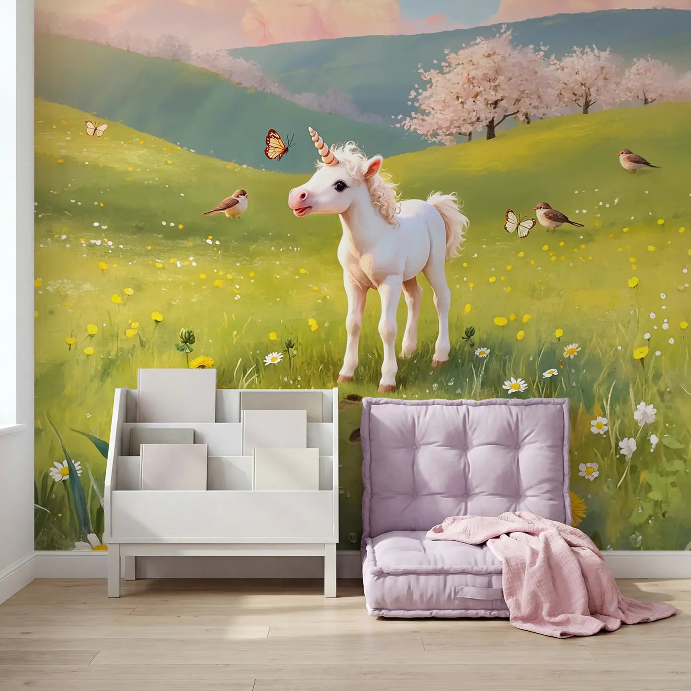 Baby Unicorn Spring Meadow Wallpaper Mural in playroom setting by Whimsy Tots