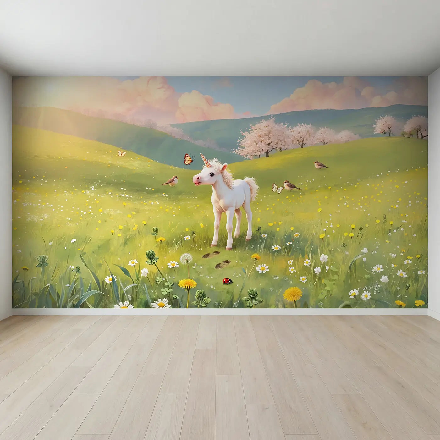 Full view of Baby Unicorn Spring Meadow Wallpaper Mural by Whimsy Tots
