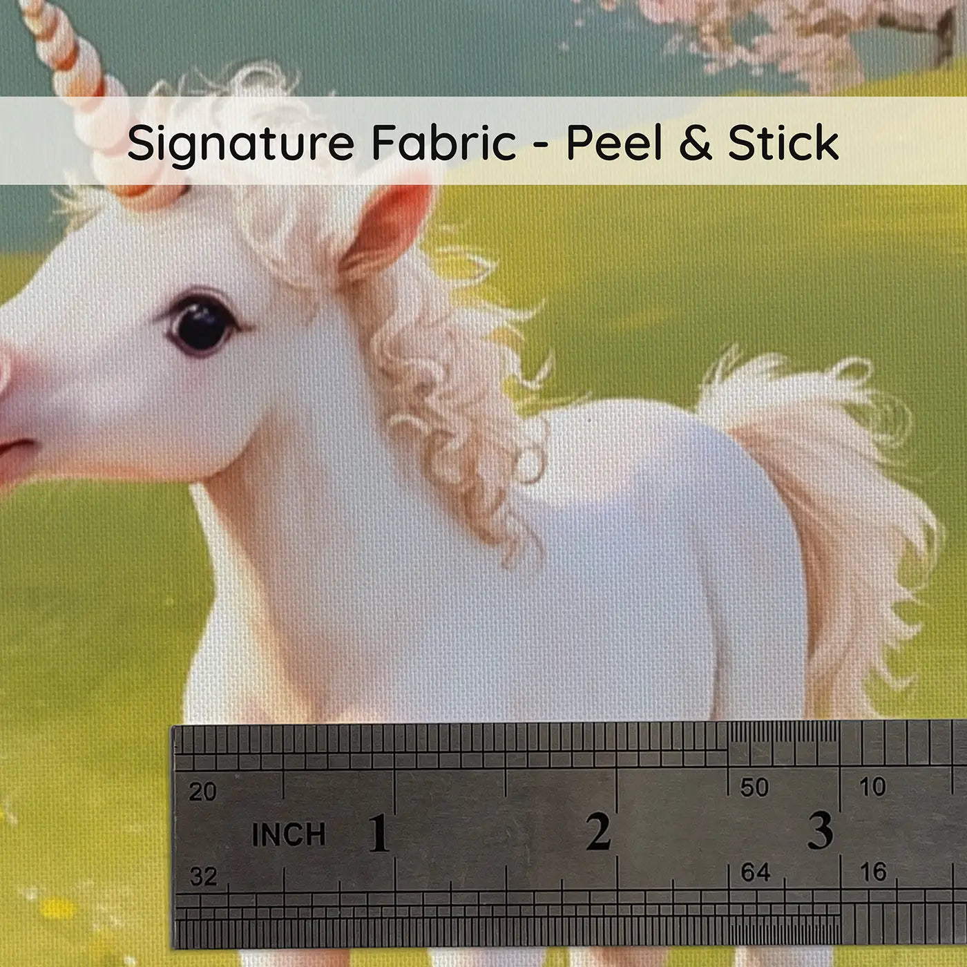 Fabric texture close-up of Baby Unicorn Spring Meadow Wallpaper Mural by Whimsy Tots