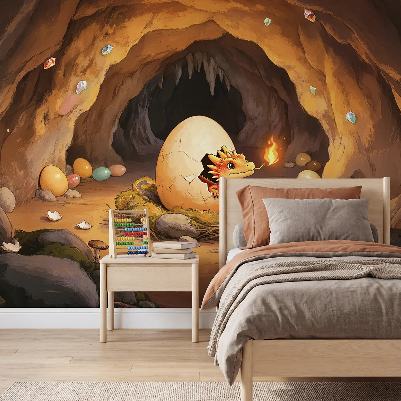 Soft pastel baby dragon hatching cave wallpaper mural for kids room by Whimsy Tots