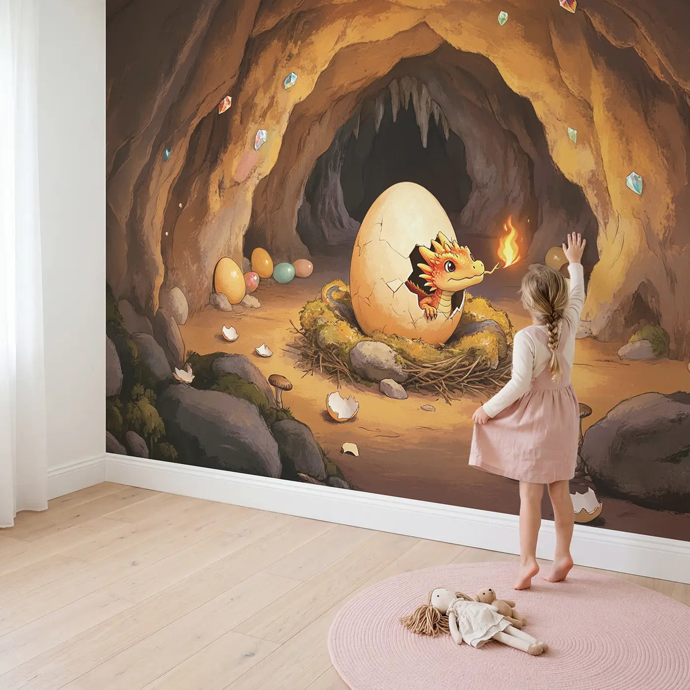 Child in nursery with Baby Dragon Hatching Cave Wallpaper Mural by Whimsy Tots
