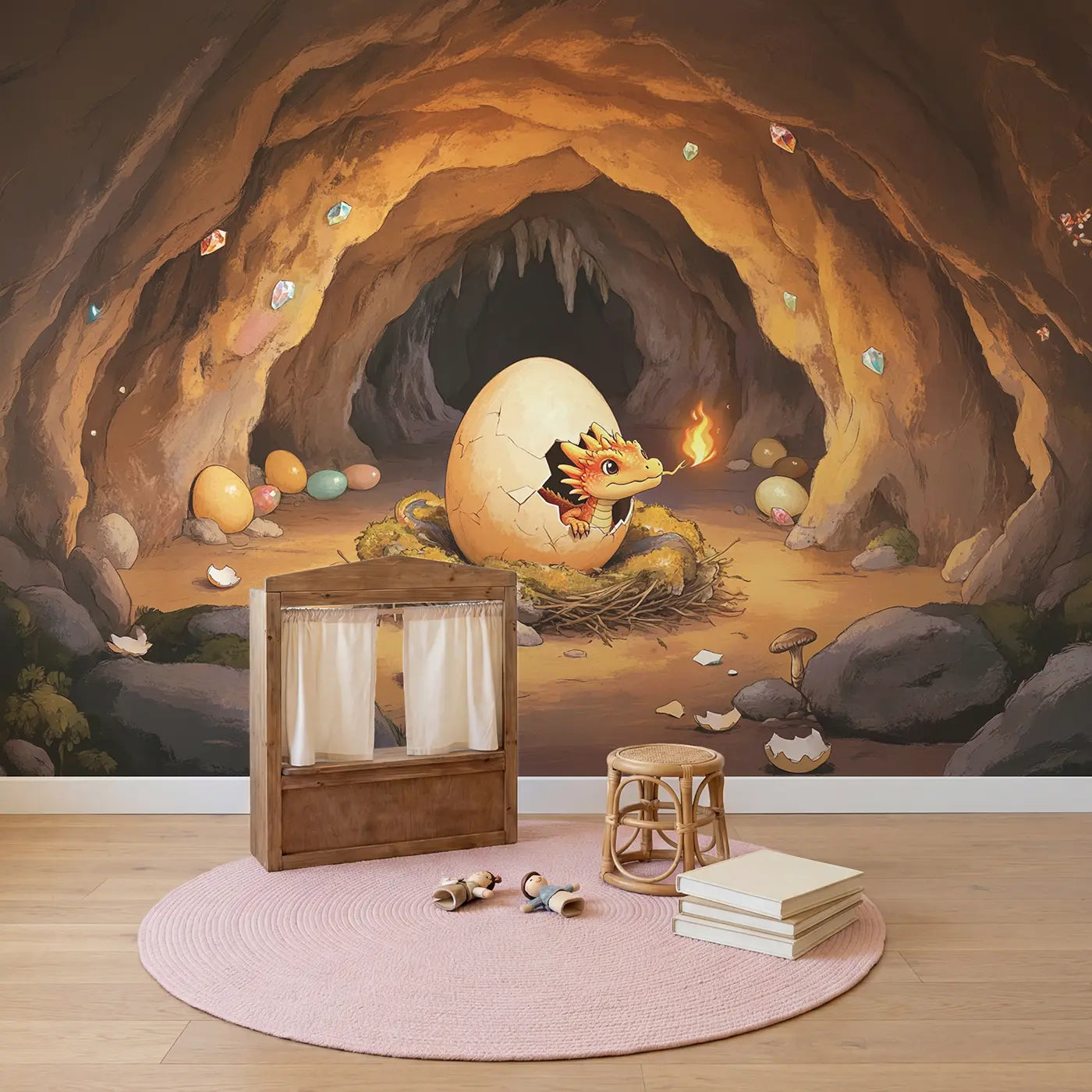 Baby Dragon Hatching Cave Wallpaper Mural in playroom setting by Whimsy Tots