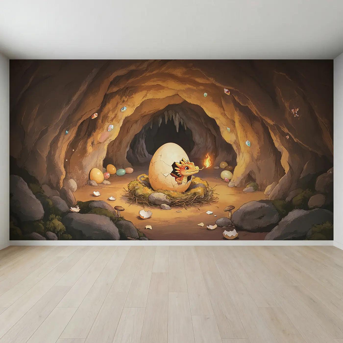 Full view of Baby Dragon Hatching Cave Wallpaper Mural by Whimsy Tots