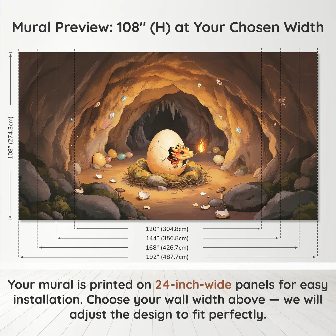 Panel layout and dimensions for Baby Dragon Hatching Cave Wallpaper Mural by Whimsy Tots