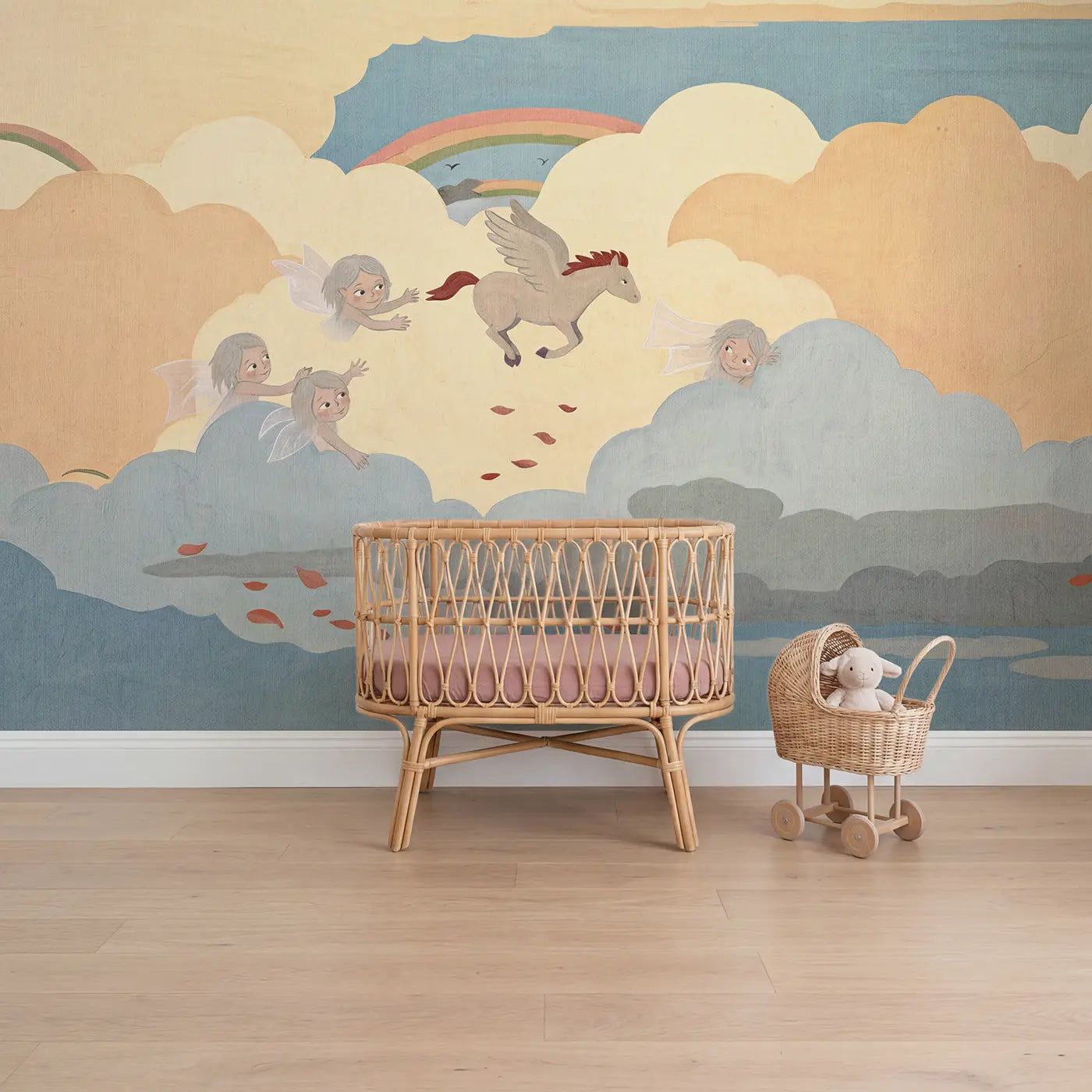Modern illustration pegasus cloud rainbow wallpaper mural for girls nursery by Whimsy Tots