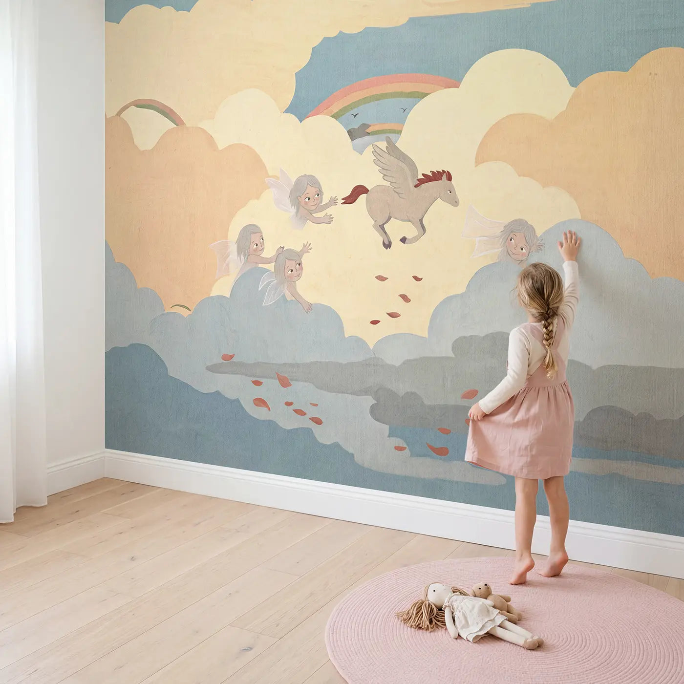 Child in nursery with Pegasus Cloud Play Wallpaper Mural by Whimsy Tots
