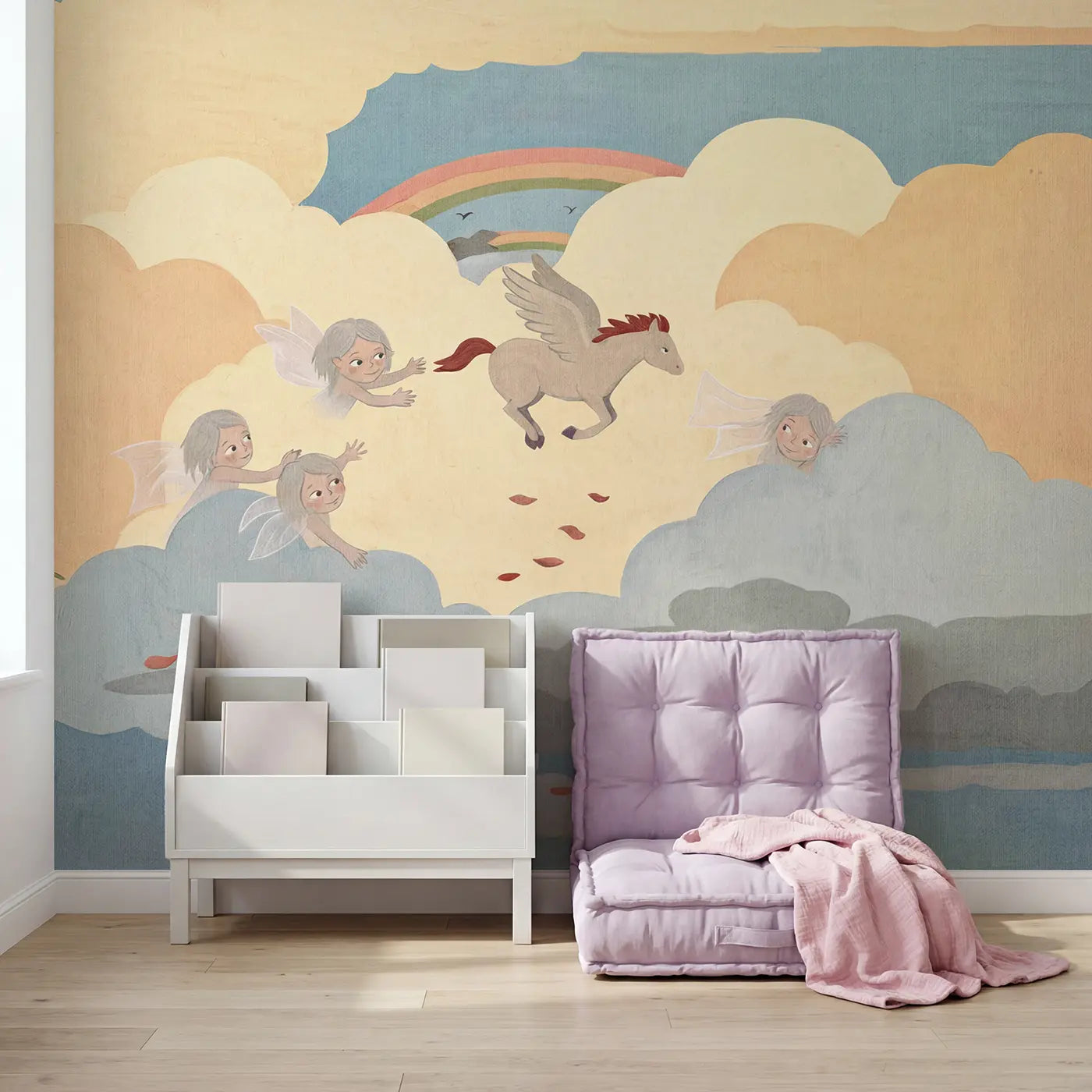 Pegasus Cloud Play Wallpaper Mural in playroom setting by Whimsy Tots