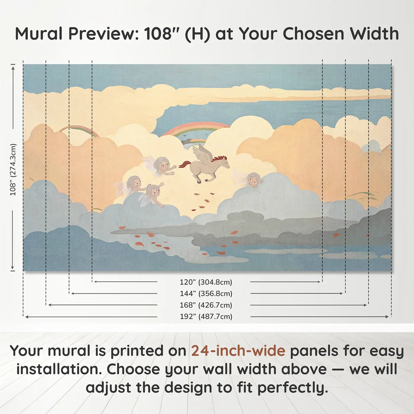 Panel layout and dimensions for Pegasus Cloud Play Wallpaper Mural by Whimsy Tots