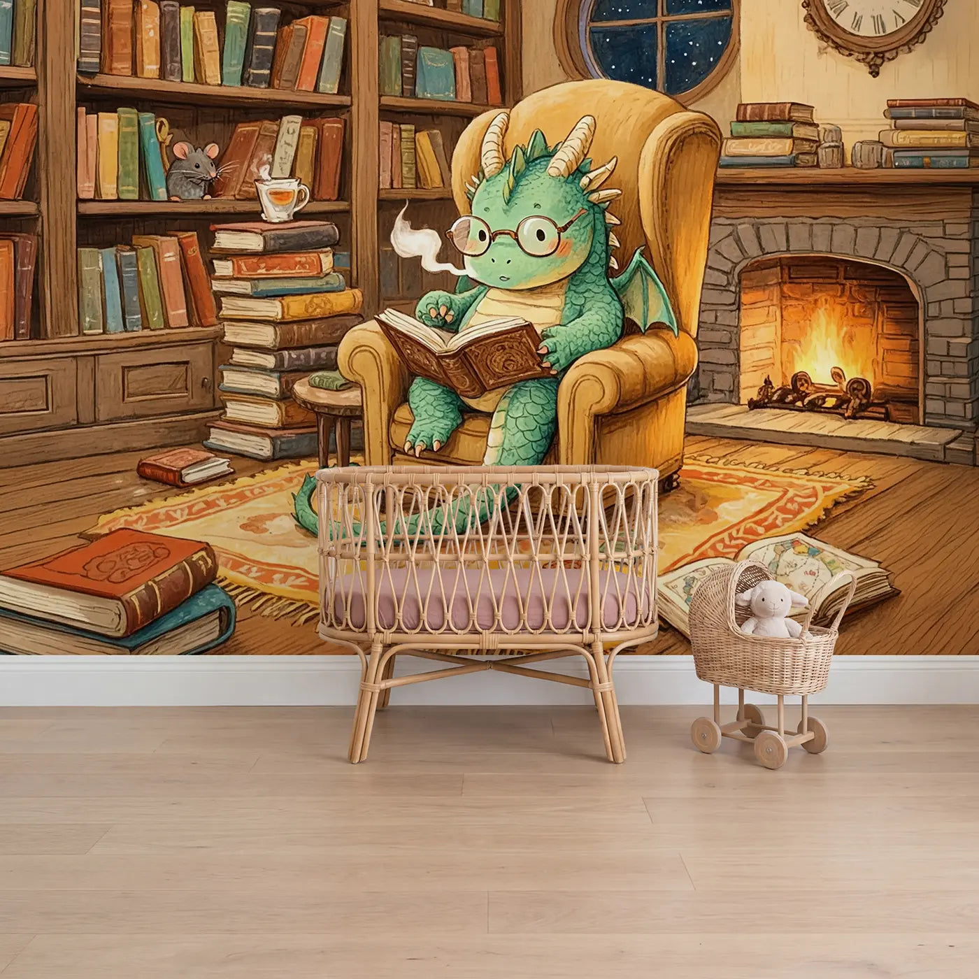Block print dragon books reading nook wallpaper mural for girls room by Whimsy Tots