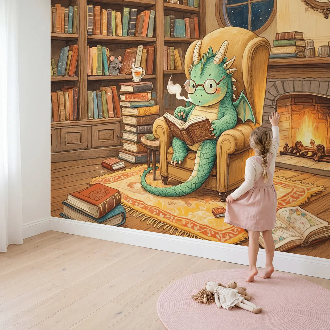 Child in nursery with Bookworm Dragon Wallpaper Mural by Whimsy Tots