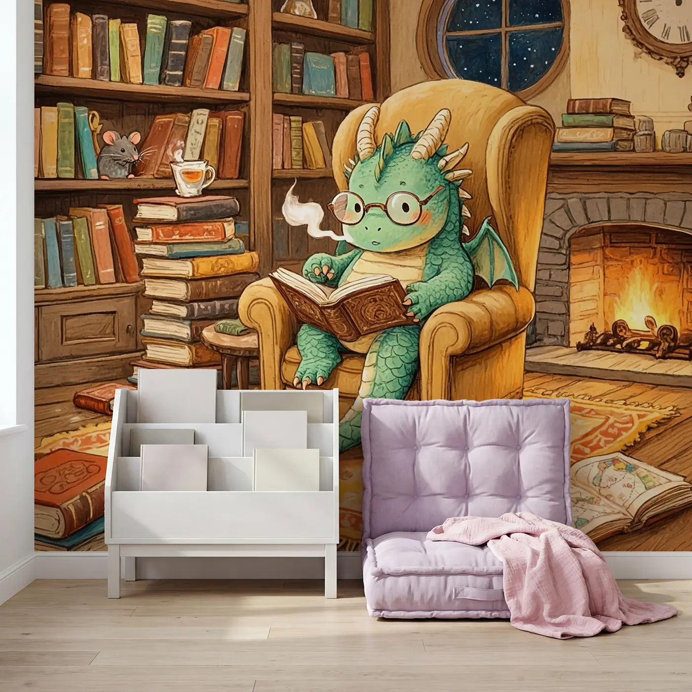 Bookworm Dragon Wallpaper Mural in playroom setting by Whimsy Tots