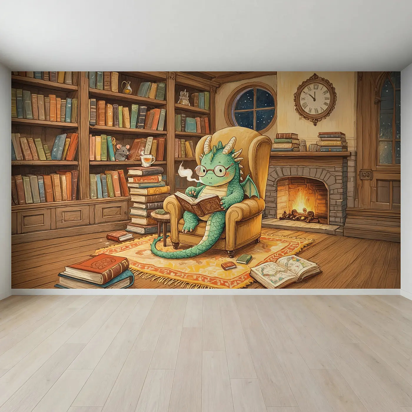 Full view of Bookworm Dragon Wallpaper Mural by Whimsy Tots