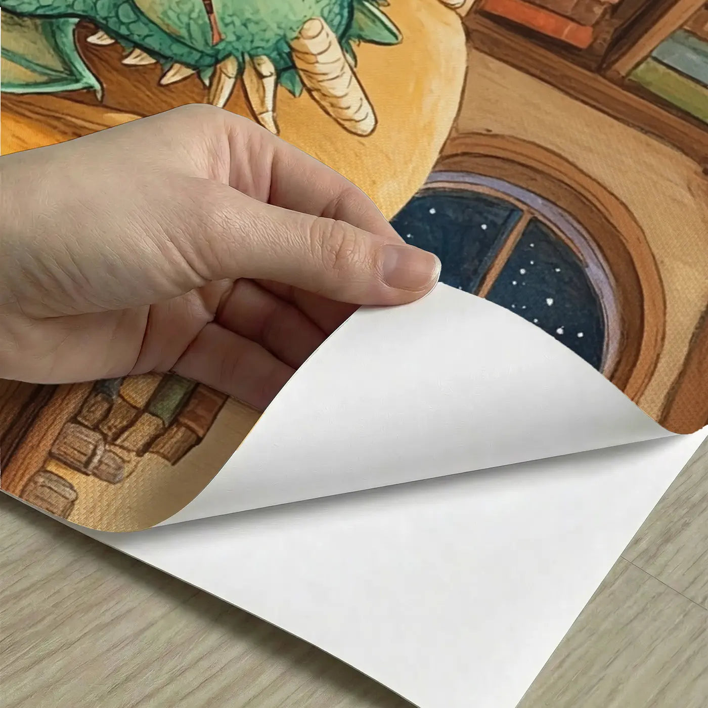 Peel-and-stick detail of Bookworm Dragon Wallpaper Mural by Whimsy Tots