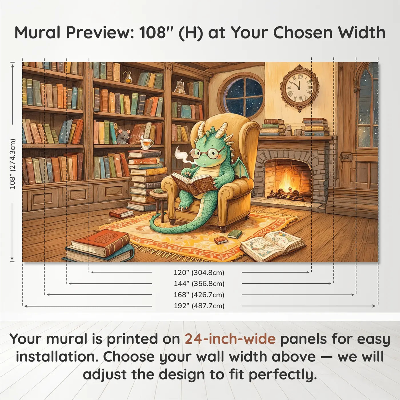 Panel layout and dimensions for Bookworm Dragon Wallpaper Mural by Whimsy Tots