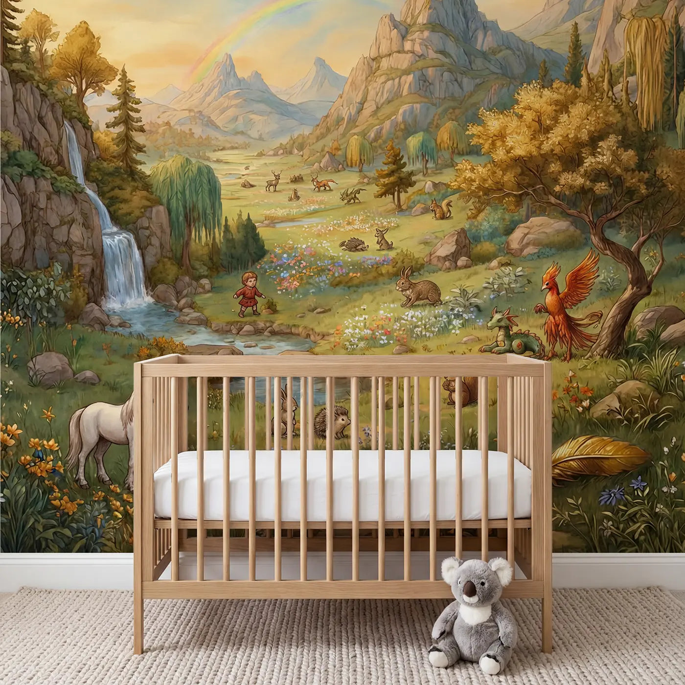 Storybook mythical creatures in sanctuary wallpaper mural for kids room by Whimsy Tots