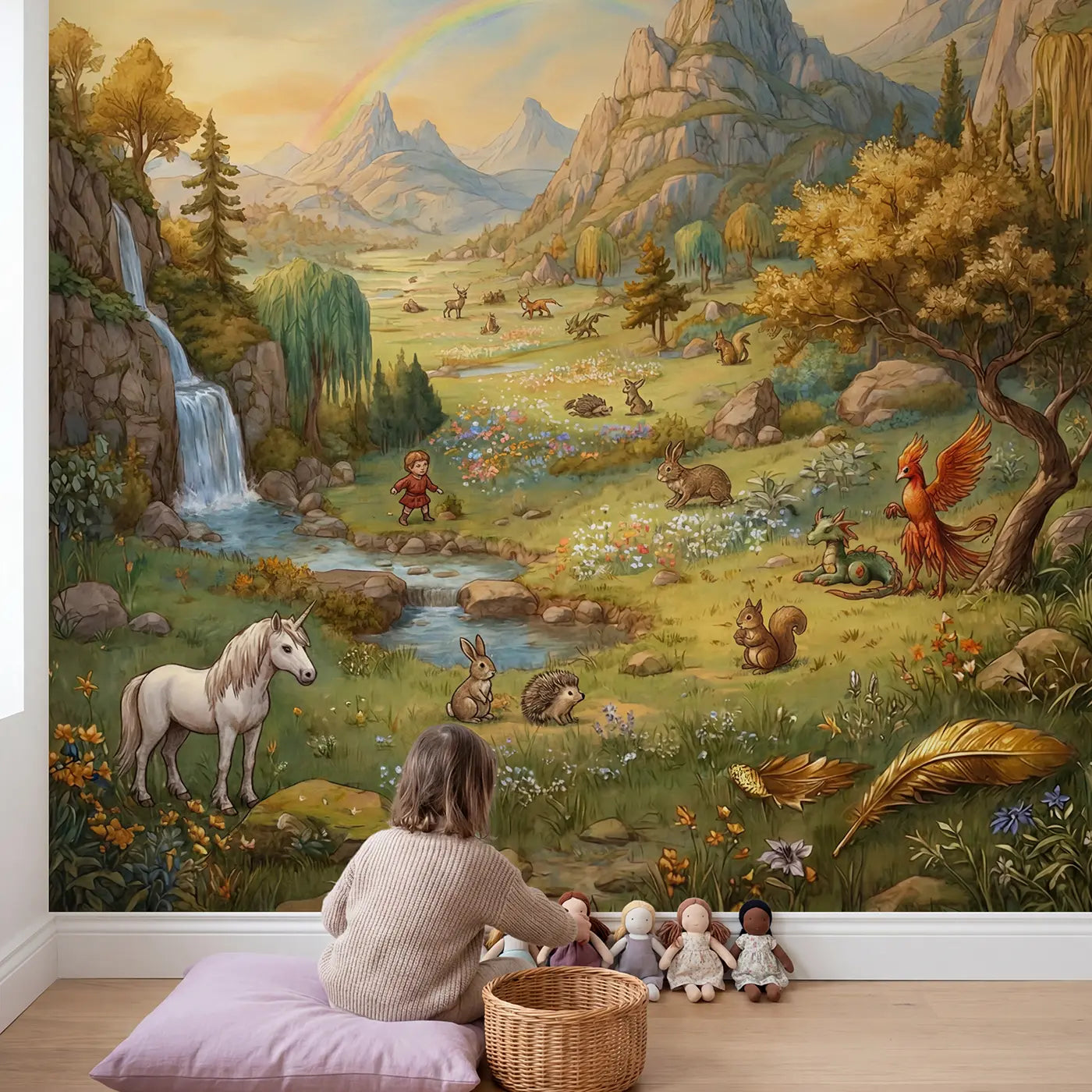 Child in nursery with Mythical Creature Sanctuary Wallpaper Mural by Whimsy Tots