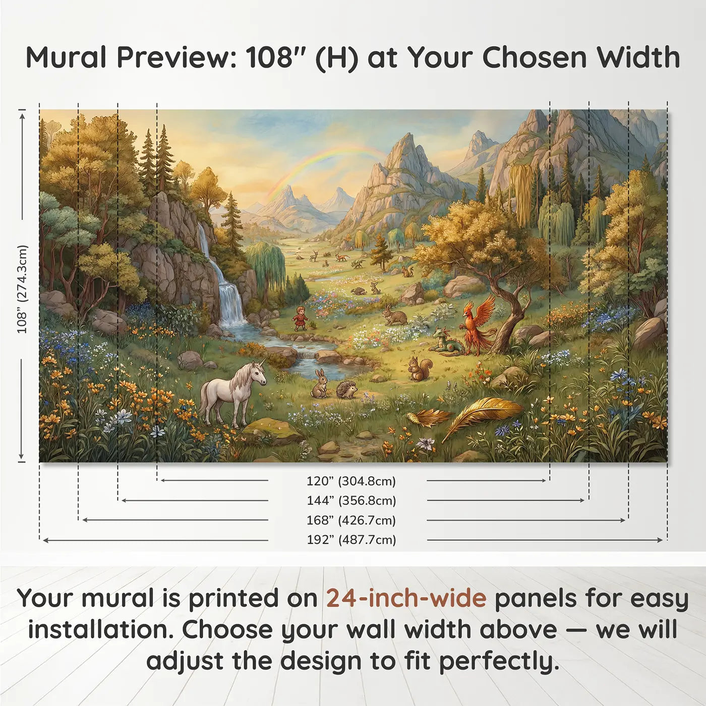 Panel layout and dimensions for Mythical Creature Sanctuary Wallpaper Mural by Whimsy Tots