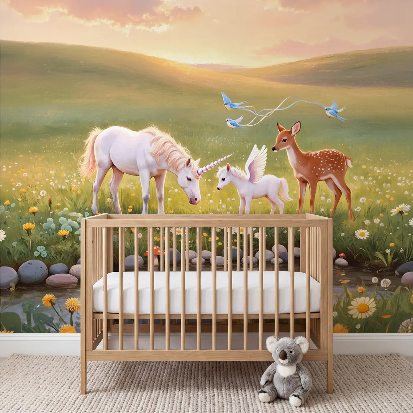 Soft pastel unicorn and pegasus fantasy meadow wallpaper mural for kids room by Whimsy Tots