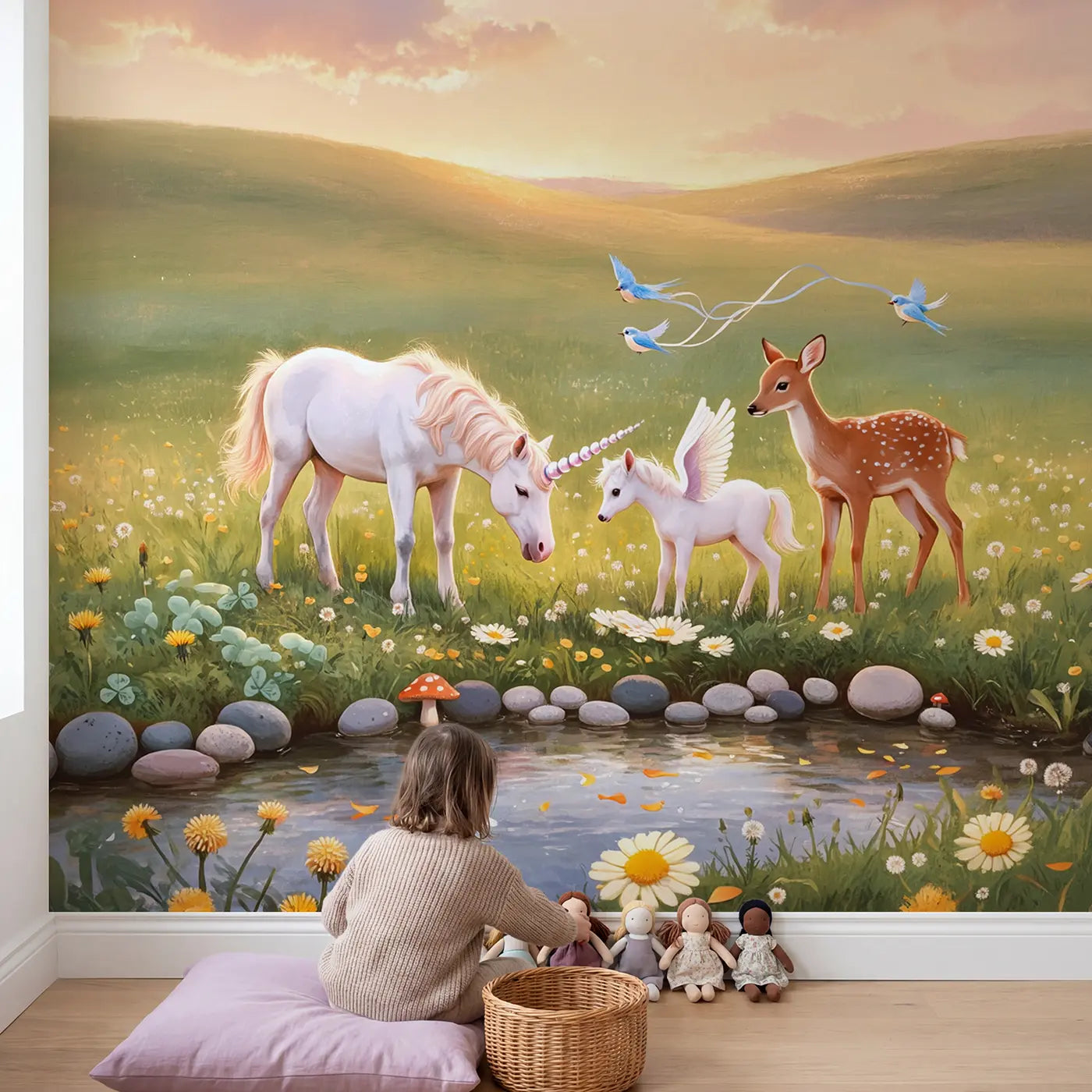 Child in nursery with Meadow Unicorn Friends Wallpaper Mural by Whimsy Tots