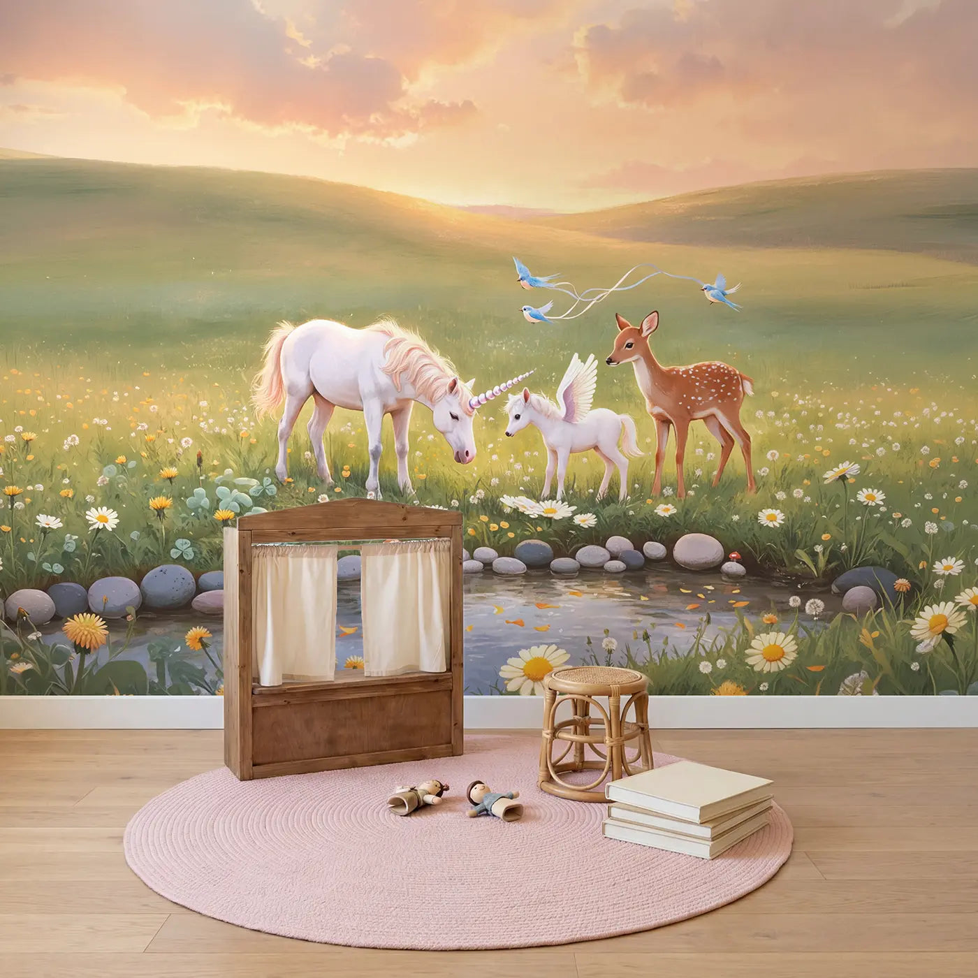 Meadow Unicorn Friends Wallpaper Mural in playroom setting by Whimsy Tots