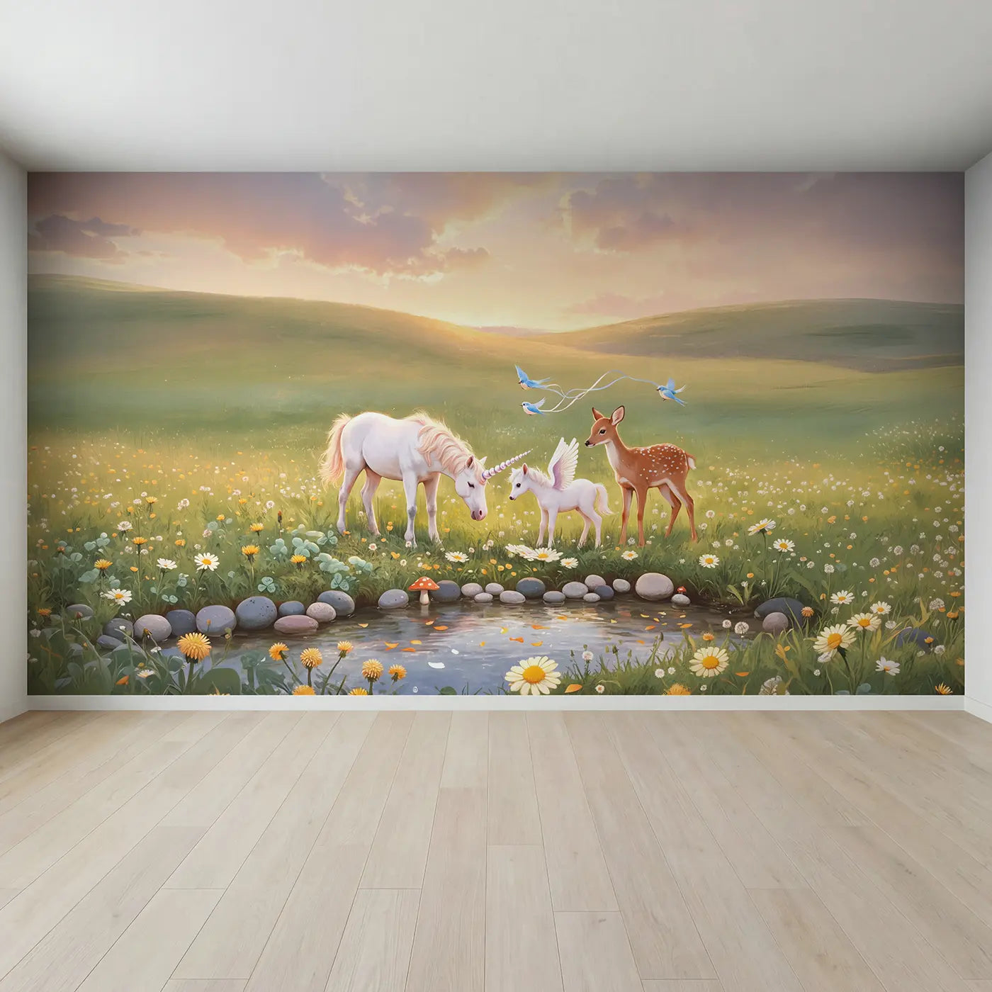 Full view of Meadow Unicorn Friends Wallpaper Mural by Whimsy Tots