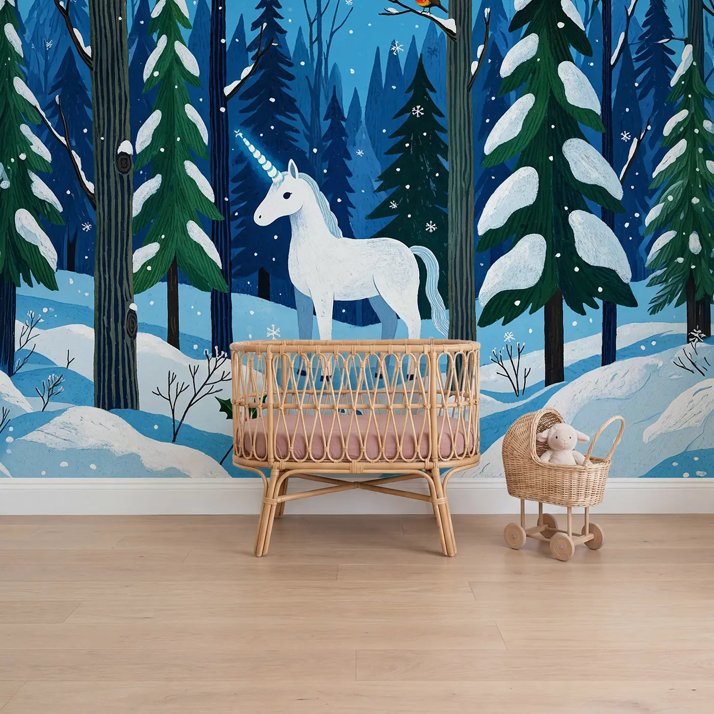 Modern illustration unicorn and snow fantasy meadow wallpaper mural for nursery by Whimsy Tots