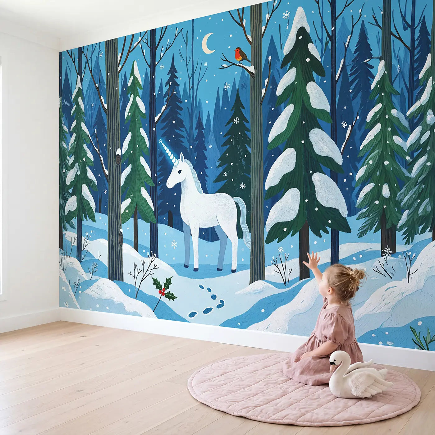 Child in nursery with Snow Unicorn Winter Forest Wallpaper Mural by Whimsy Tots