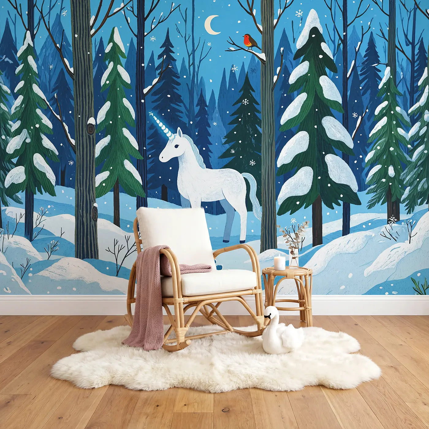 Snow Unicorn Winter Forest Wallpaper Mural in playroom setting by Whimsy Tots