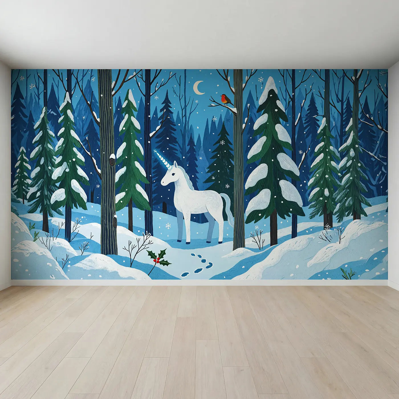 Full view of Snow Unicorn Winter Forest Wallpaper Mural by Whimsy Tots