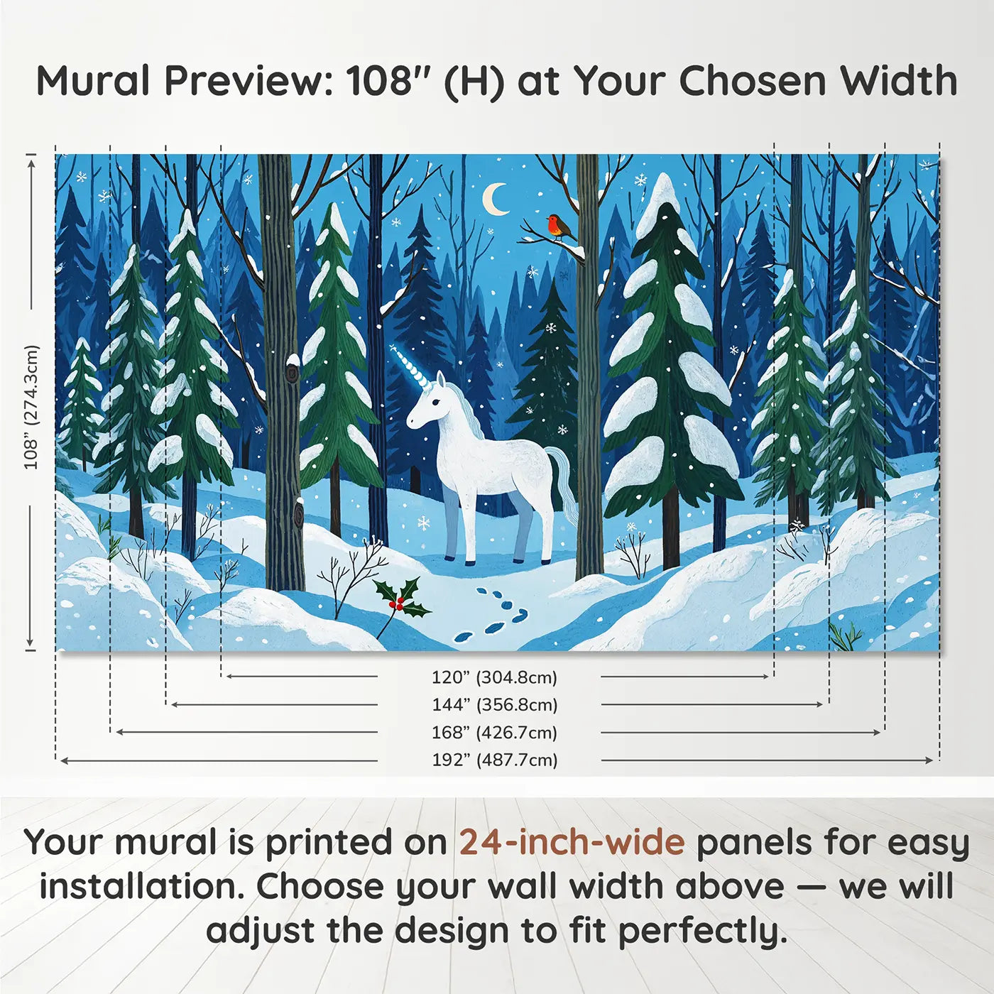 Panel layout and dimensions for Snow Unicorn Winter Forest Wallpaper Mural by Whimsy Tots