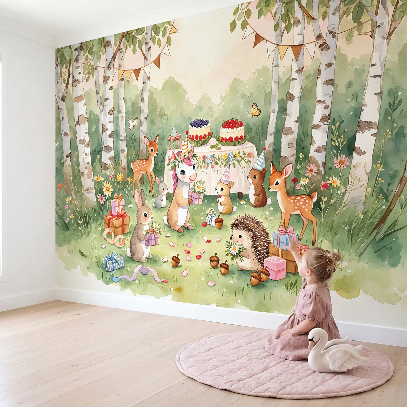 Child in nursery with Unicorn Birthday Party Wallpaper Mural by Whimsy Tots