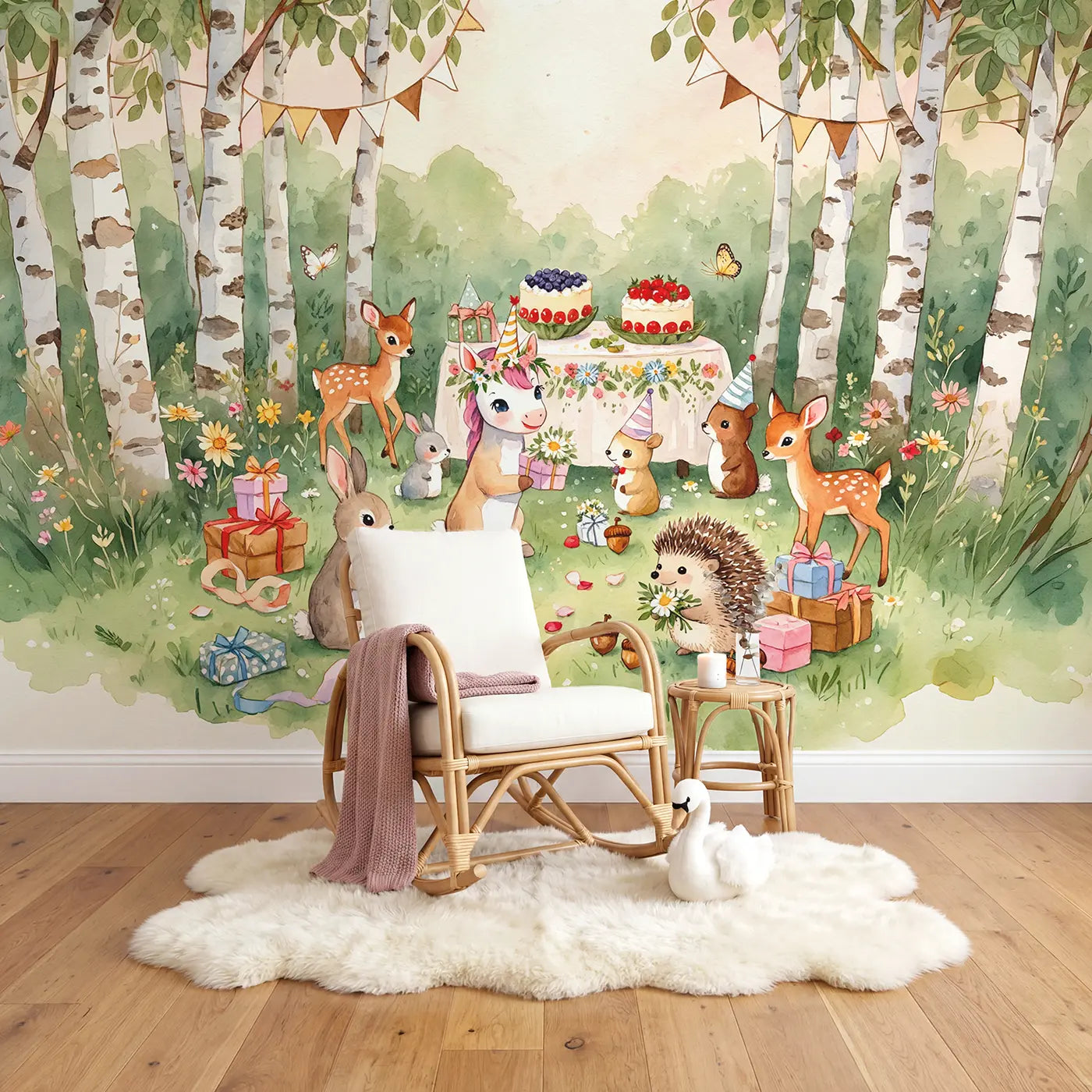 Unicorn Birthday Party Wallpaper Mural in playroom setting by Whimsy Tots