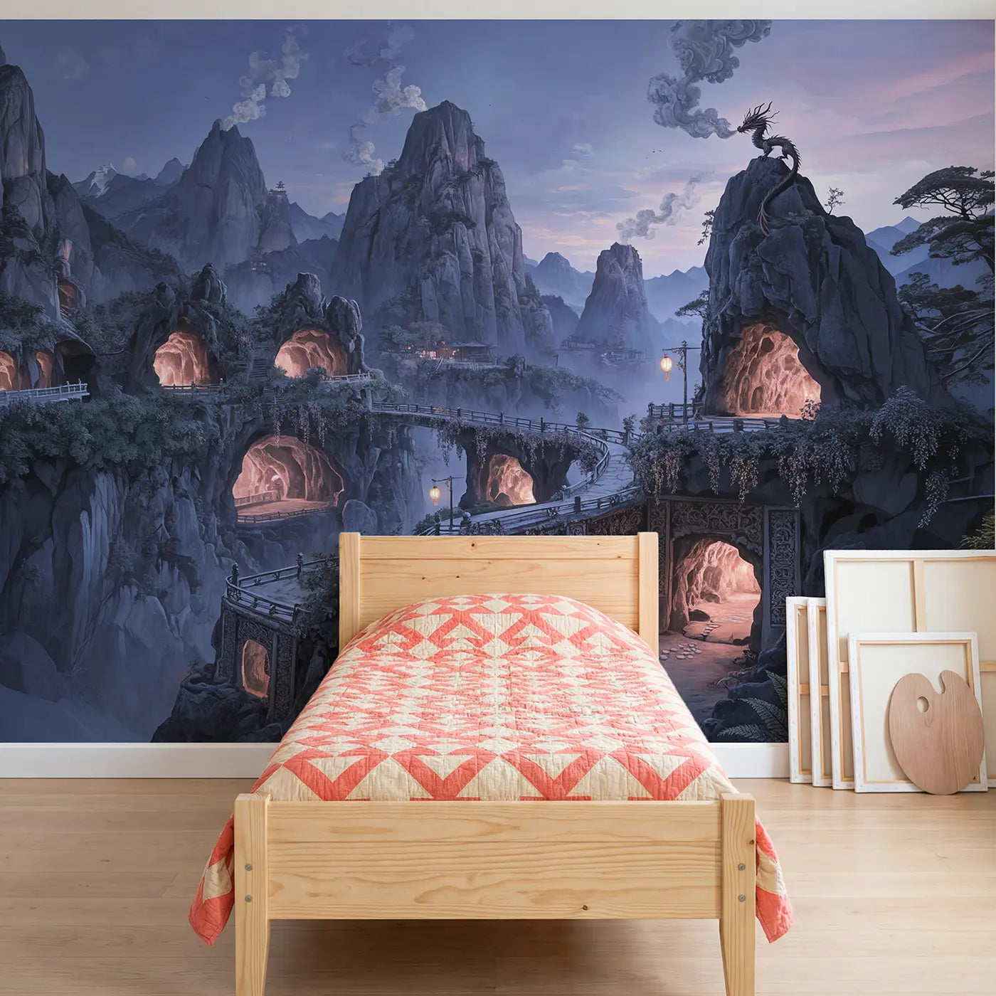 botanical elegance dragon mountain cave city wallpaper mural for girls room by Whimsy Tots