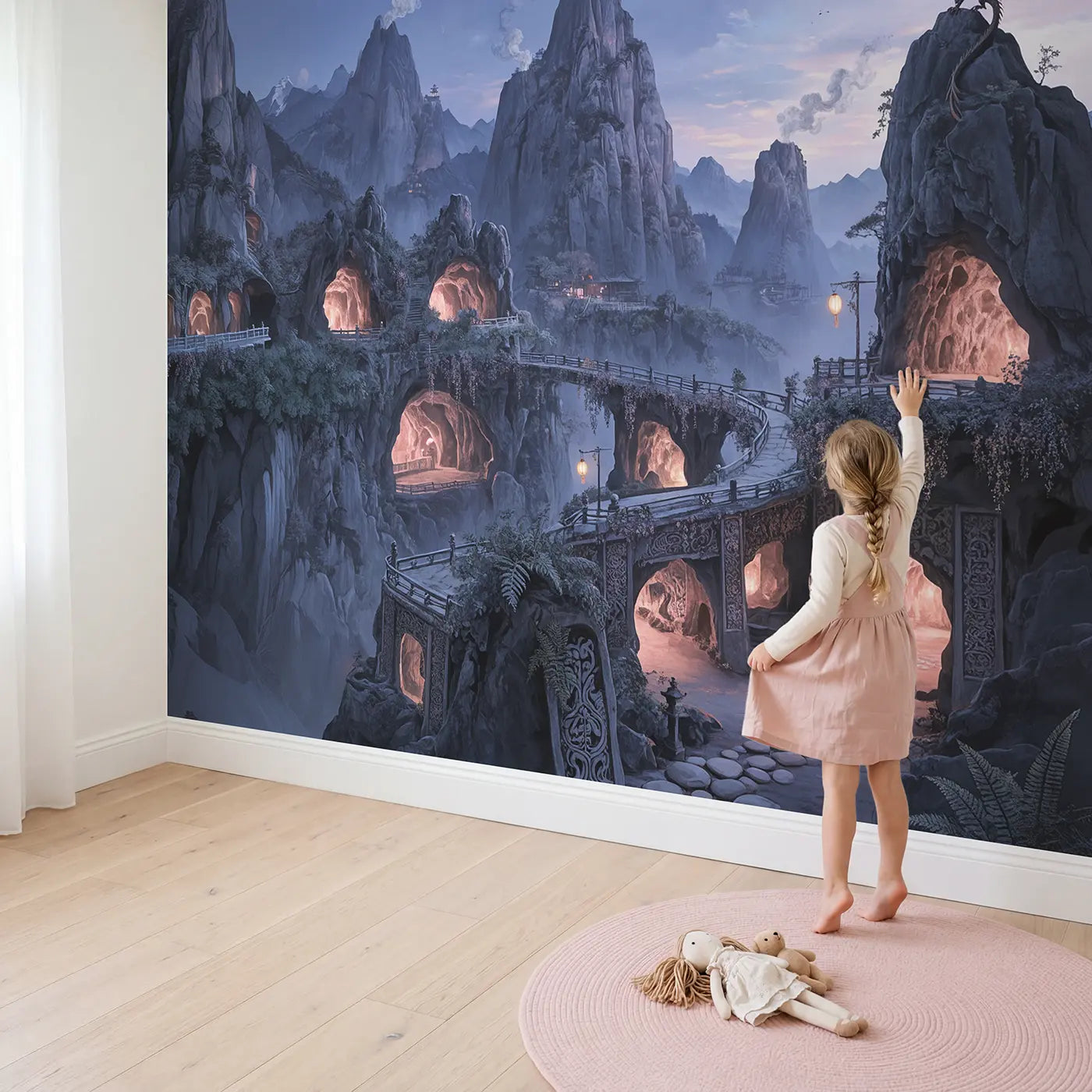 Child in nursery with Dragon Mountain Cave City Wallpaper Mural by Whimsy Tots