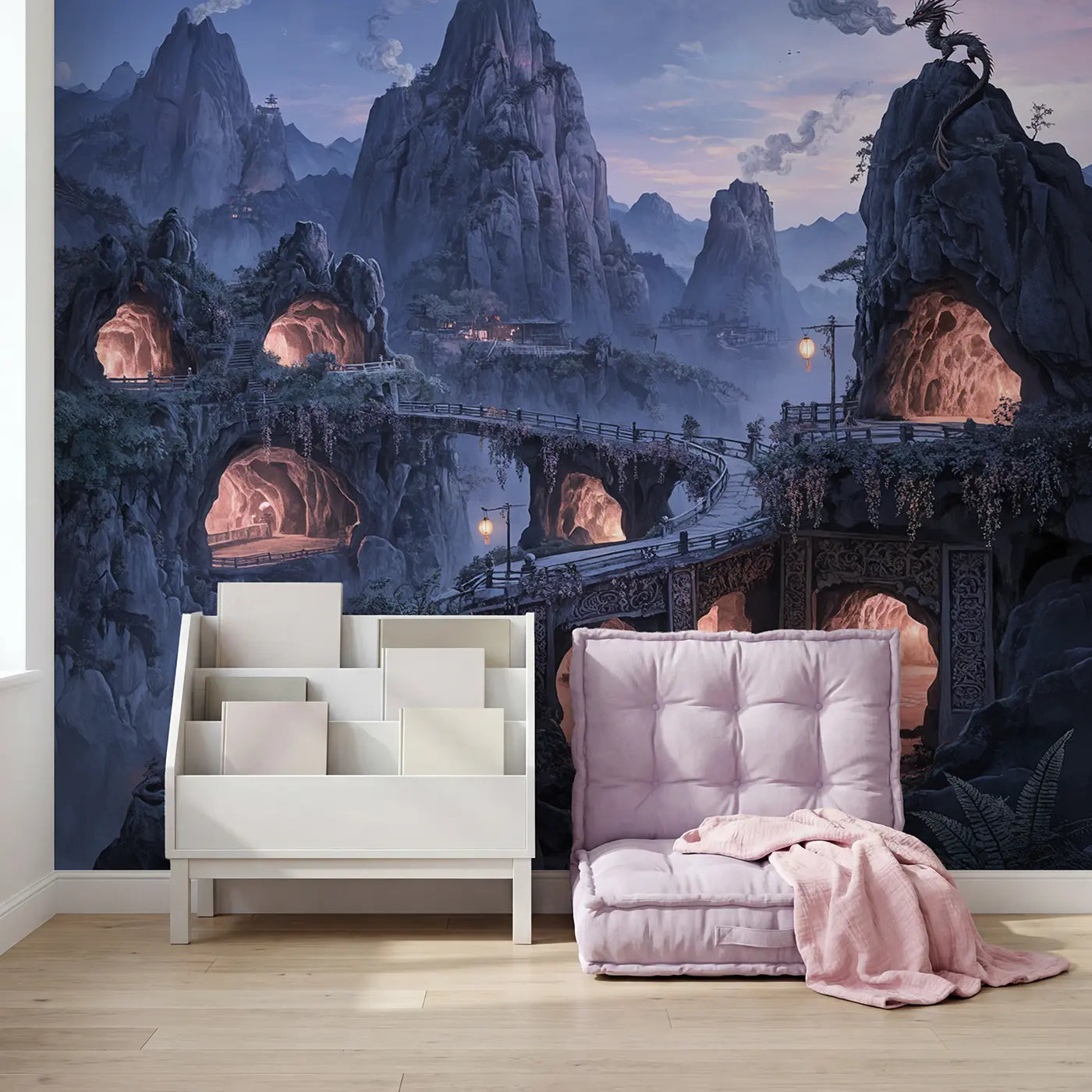 Dragon Mountain Cave City Wallpaper Mural in playroom setting by Whimsy Tots