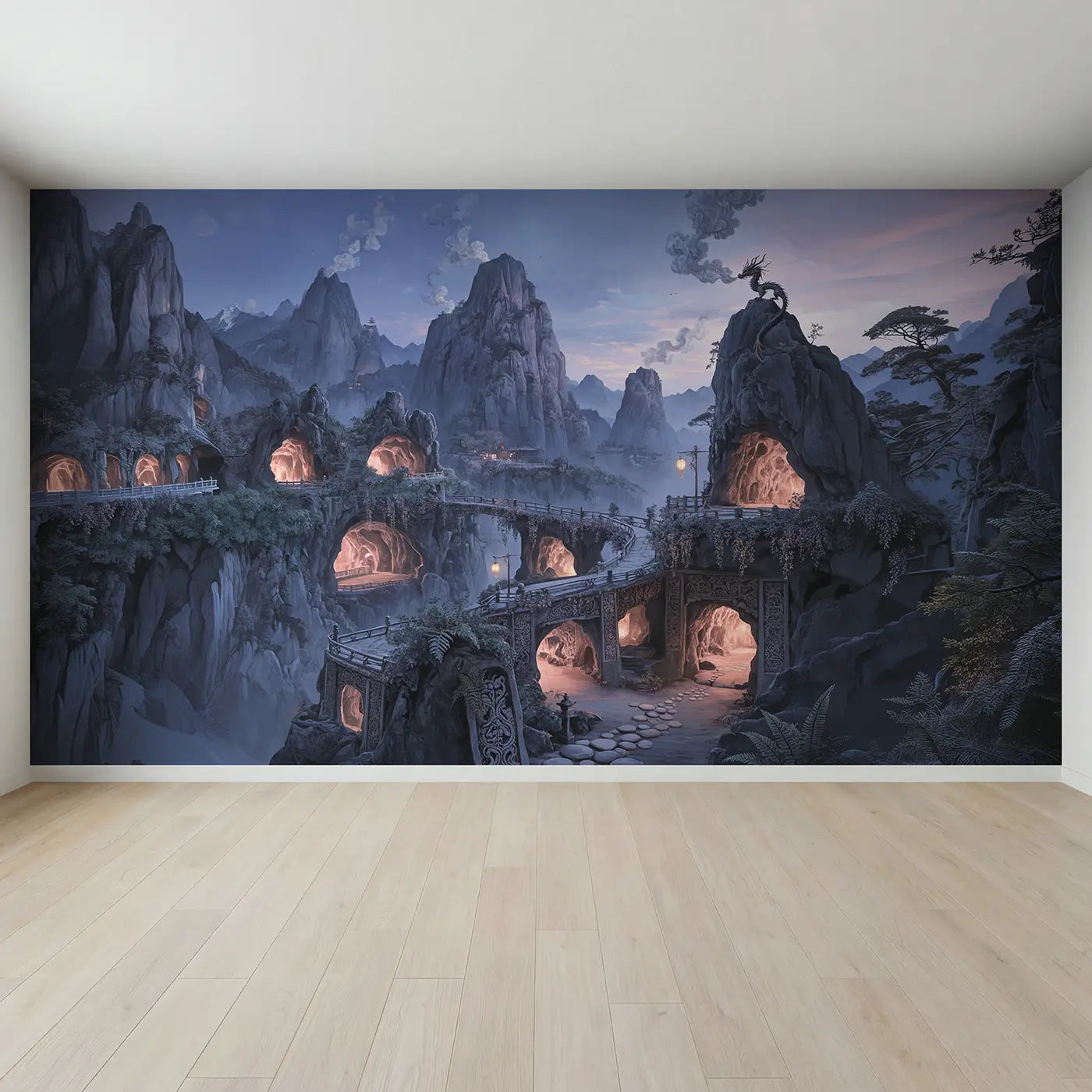Full view of Dragon Mountain Cave City Wallpaper Mural by Whimsy Tots