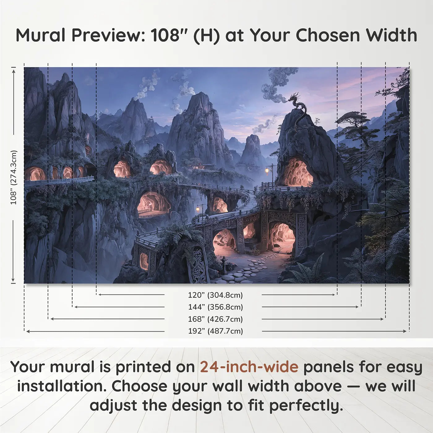 Panel layout and dimensions for Dragon Mountain Cave City Wallpaper Mural by Whimsy Tots