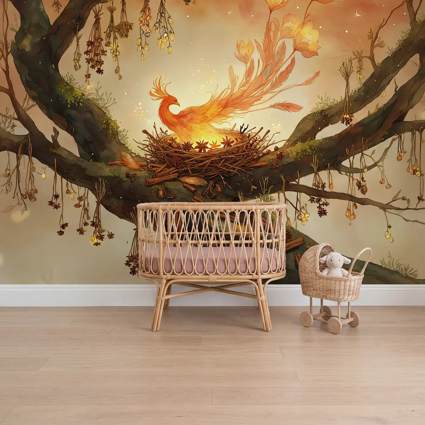 Watercolor phoenix nest in golden branches wallpaper mural for nursery by Whimsy Tots