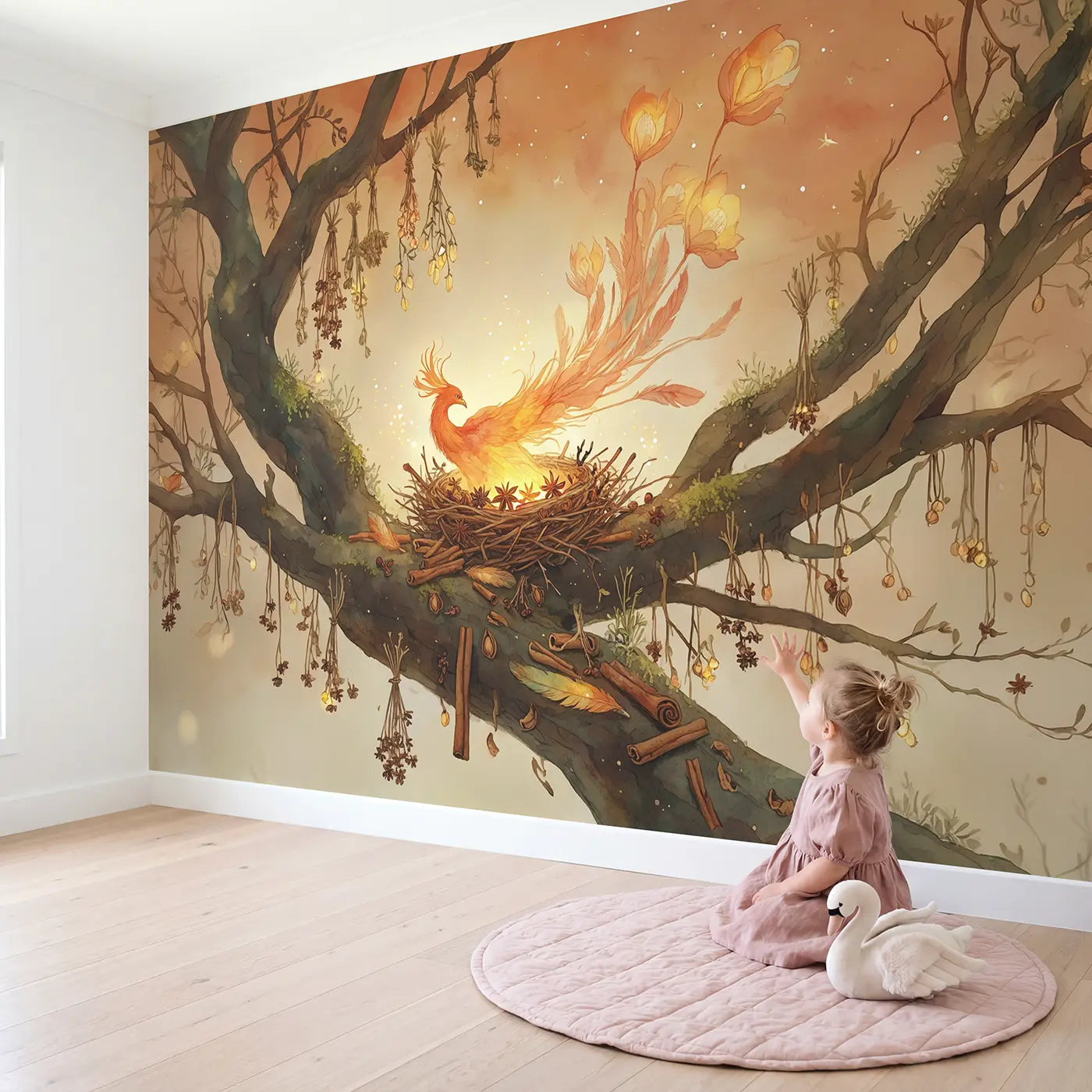 Child in nursery with Phoenix Spice Nest Wallpaper Mural by Whimsy Tots