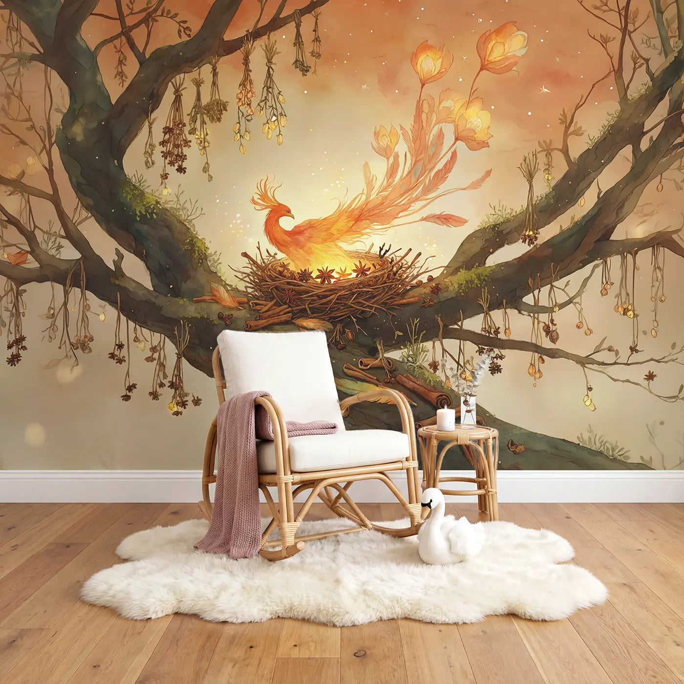 Phoenix Spice Nest Wallpaper Mural in playroom setting by Whimsy Tots