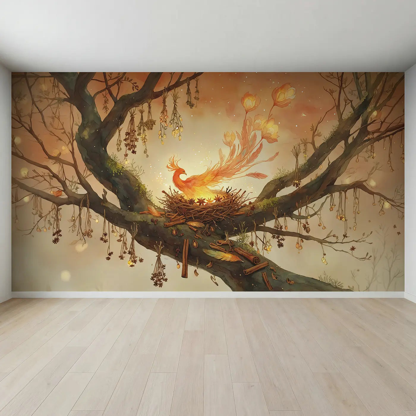 Full view of Phoenix Spice Nest Wallpaper Mural by Whimsy Tots