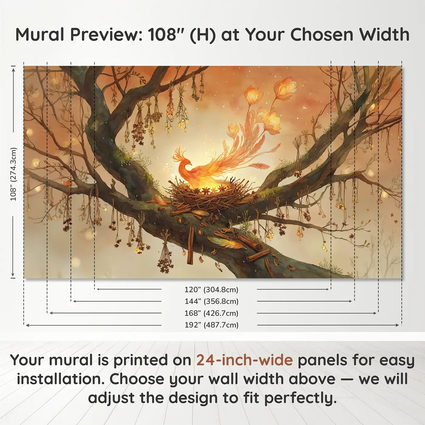 Panel layout and dimensions for Phoenix Spice Nest Wallpaper Mural by Whimsy Tots
